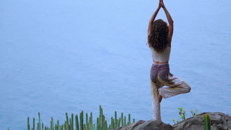Against-the-backdrop-of-the-blue-ocean,-a-young-woman-practices-sunset-yoga-on-a-rocky-seashore,-embodying-a-healthy-lifestyle-and-the-harmony-between-humans-and-nature